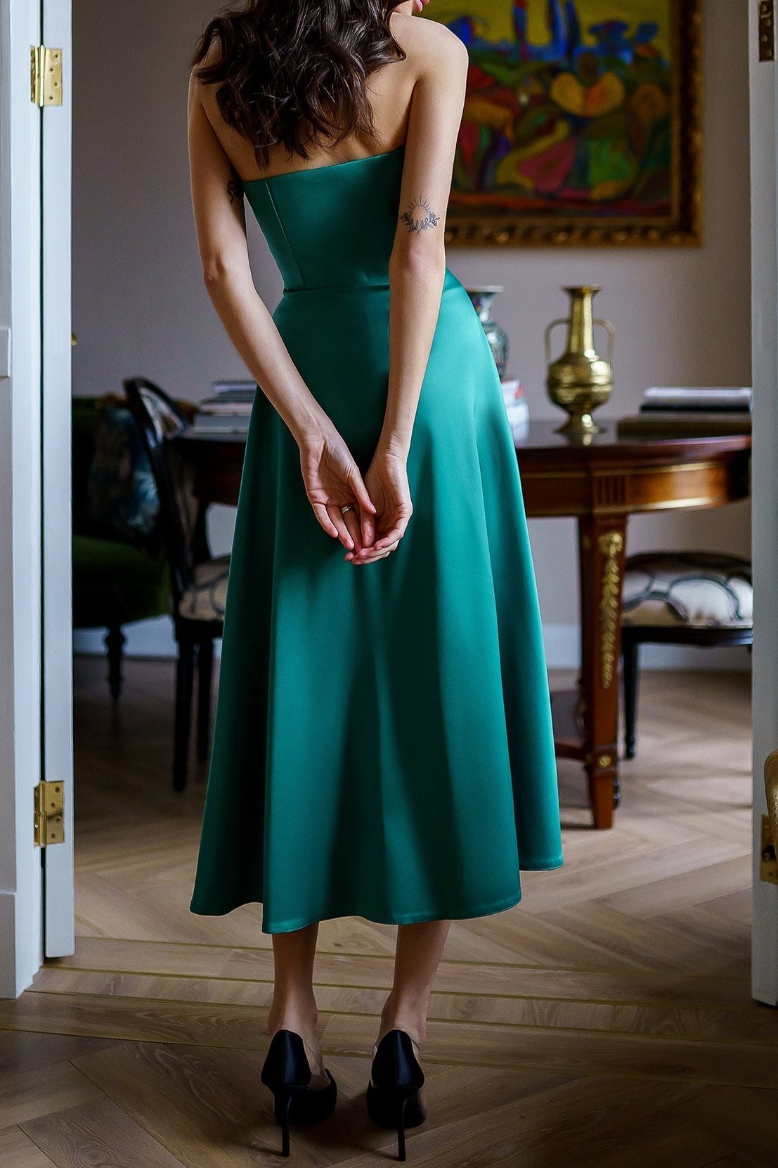 Green Satin Corseted Strapless Dress Party Dress Elegant Tea-Length A-line Prom Dress