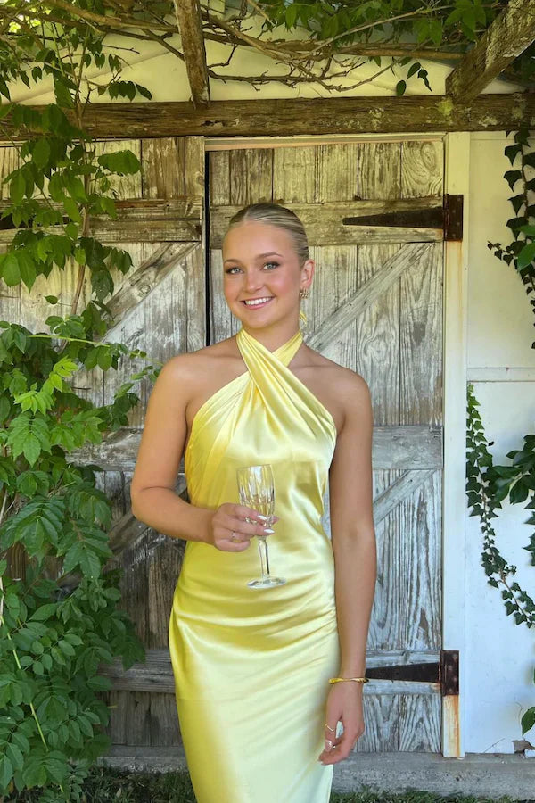 Xuewuba Dress Light Pink Crossover Maxi Dress Prom Dress Yellow Halter Backless Long Prom Dress Wedding Guest Dress
