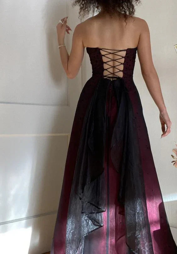 Xuewuba Dress Modest A Line Strapless Burgundy Tulle Beads Long Party Dress Prom Dresses