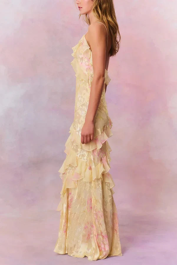 Xuewuba Dress Multicolor Tie-dye Sexy Backless Wave-hem Spaghetti Straps Floor Length Prom Dress