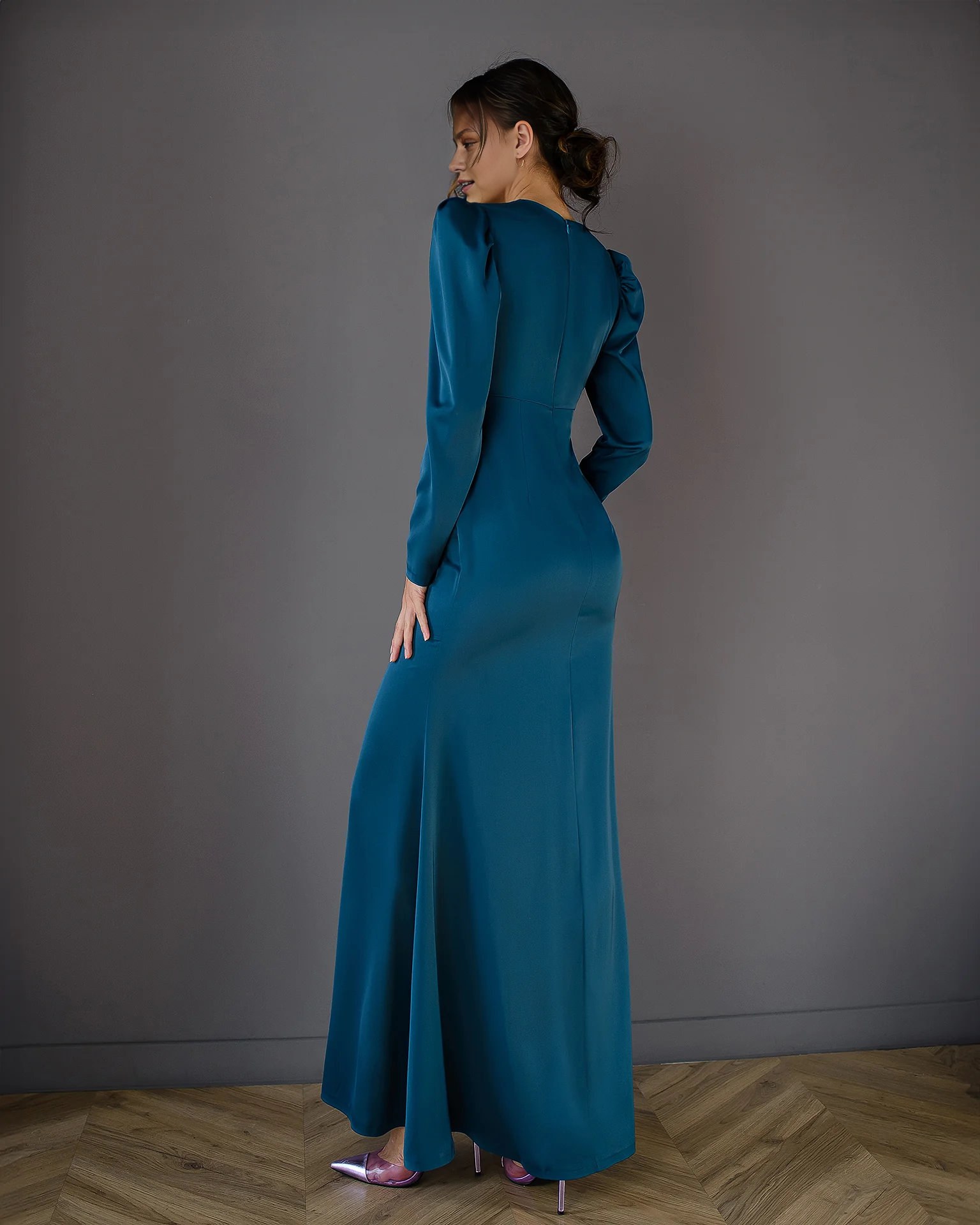 Navy V-neck Halloween Dress Puff Long Sleeve Maxi Dress Party Dress Elegant Floor Length Prom Dress With Slit