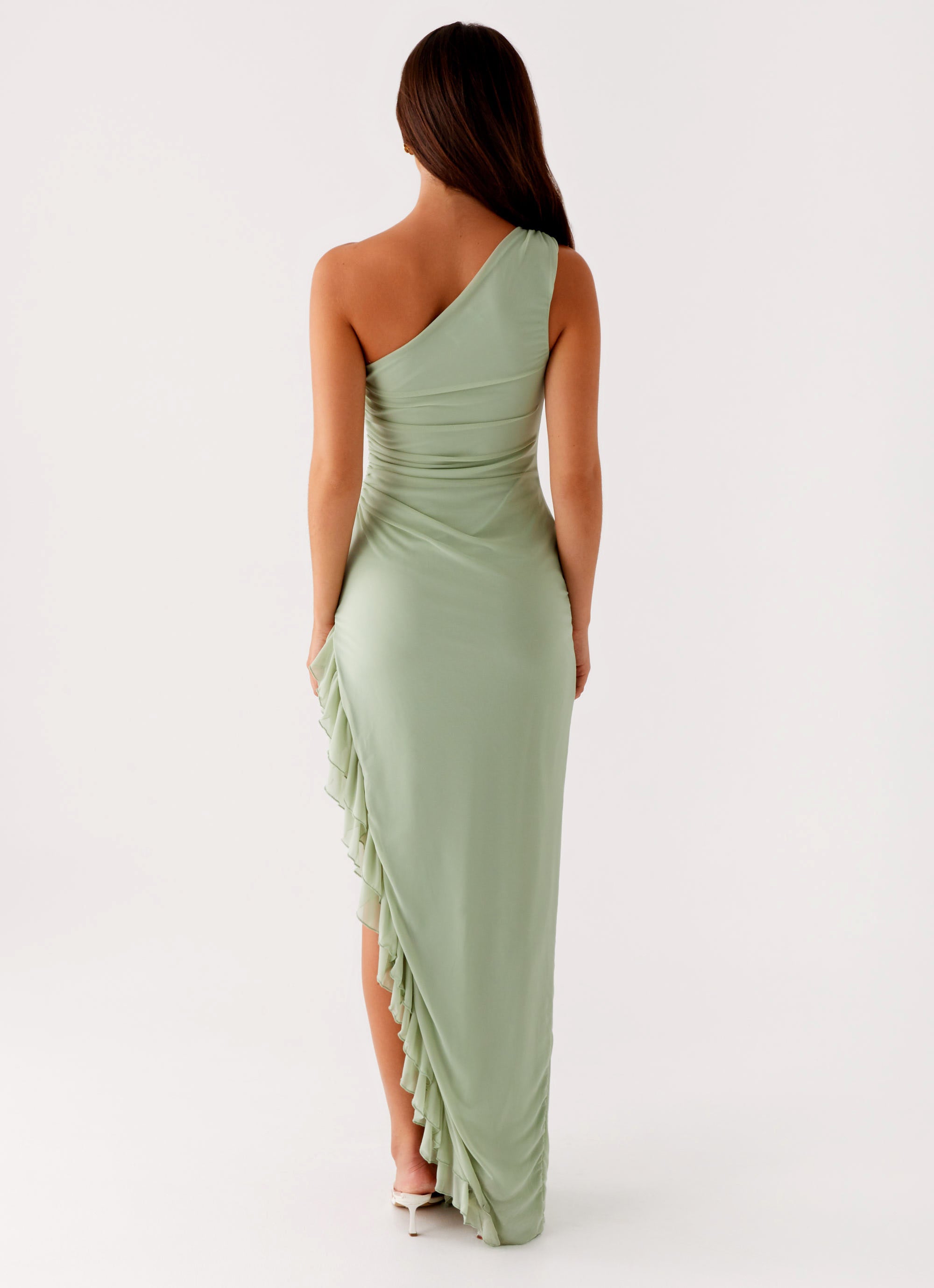 Xuewuba Dress One Shoulder Maxi Dress Sleeveless Sage Chic Sheath Prom Dress With Side Asymmetrical Ruffle