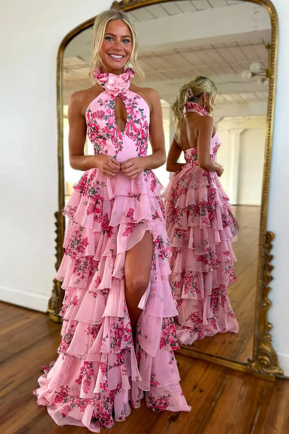 Xuewuba Dress Pink Lovely A-Line Halter Neck Long Prom Dress with Ruffle Print Chiffon Dress Evening Dress