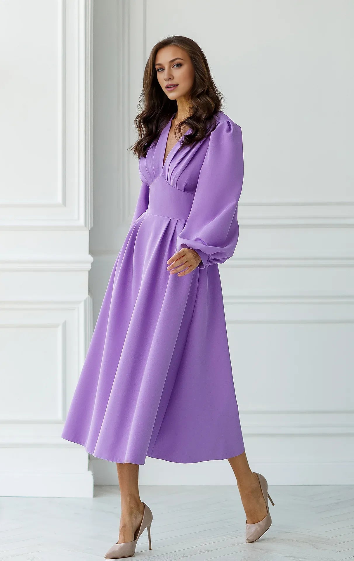 Purple V-Neck Puff-Sleeve Midi Dress Party Dress Elegant Tea-Length A-line Prom Dress