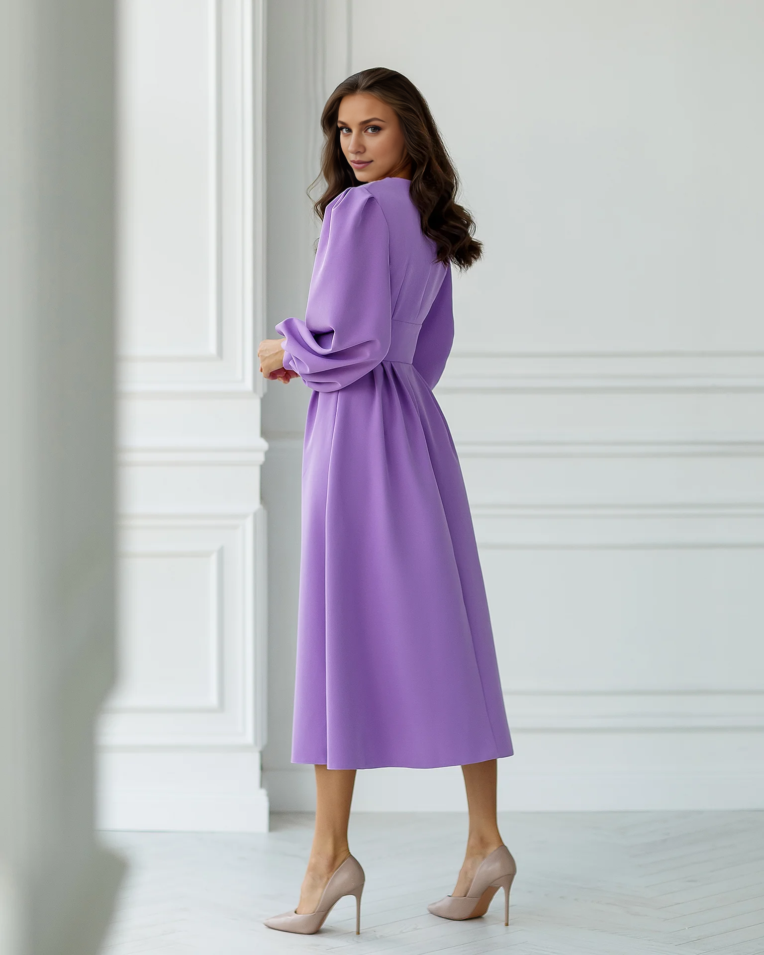 Purple V-Neck Puff-Sleeve Midi Dress Party Dress Elegant Tea-Length A-line Prom Dress