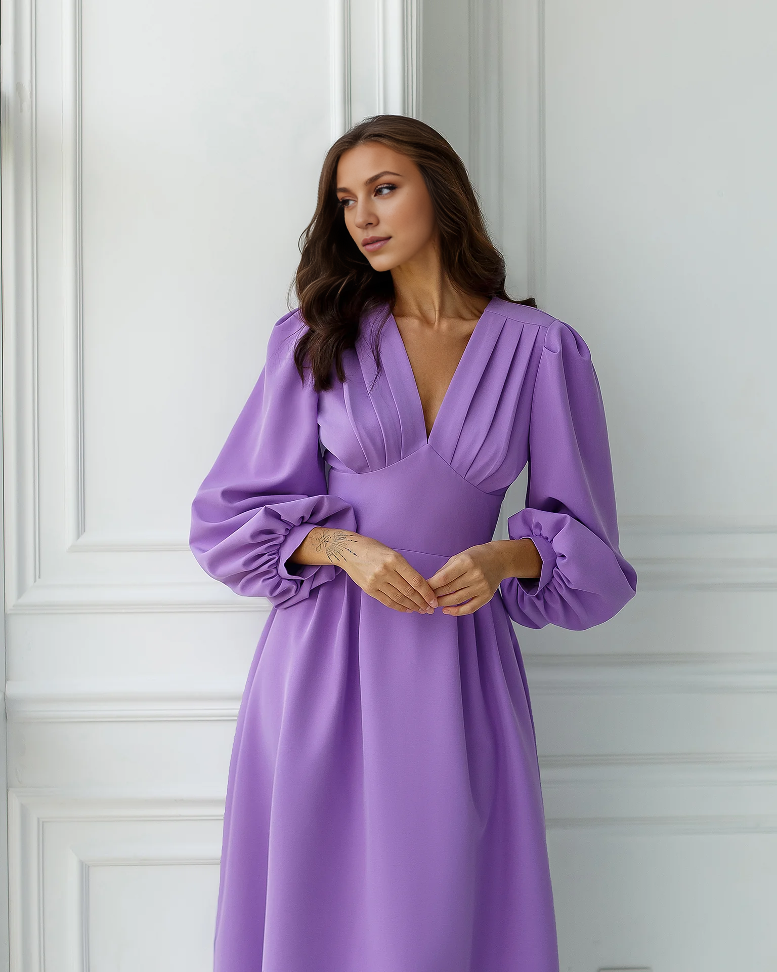 Purple V-Neck Puff-Sleeve Midi Dress Party Dress Elegant Tea-Length A-line Prom Dress