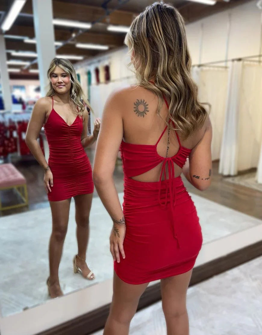 Xuewuba Dress Red Spaghetti Straps Key Hole Back Homecoming Dress