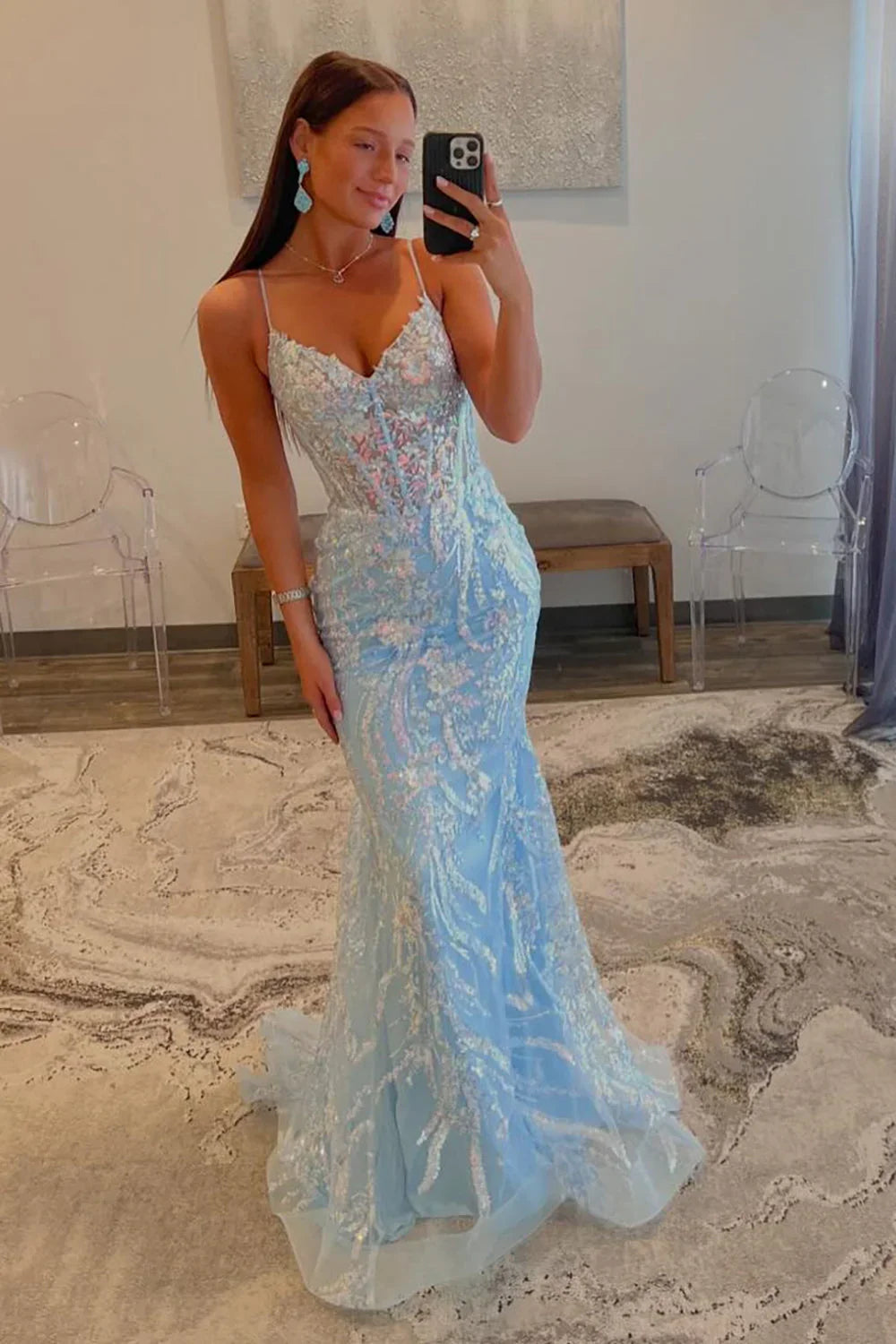 Xuewuba Dress Sequin Light Blue Mermaid Prom Dress Spaghetti Straps Sweep Train Evening Dress