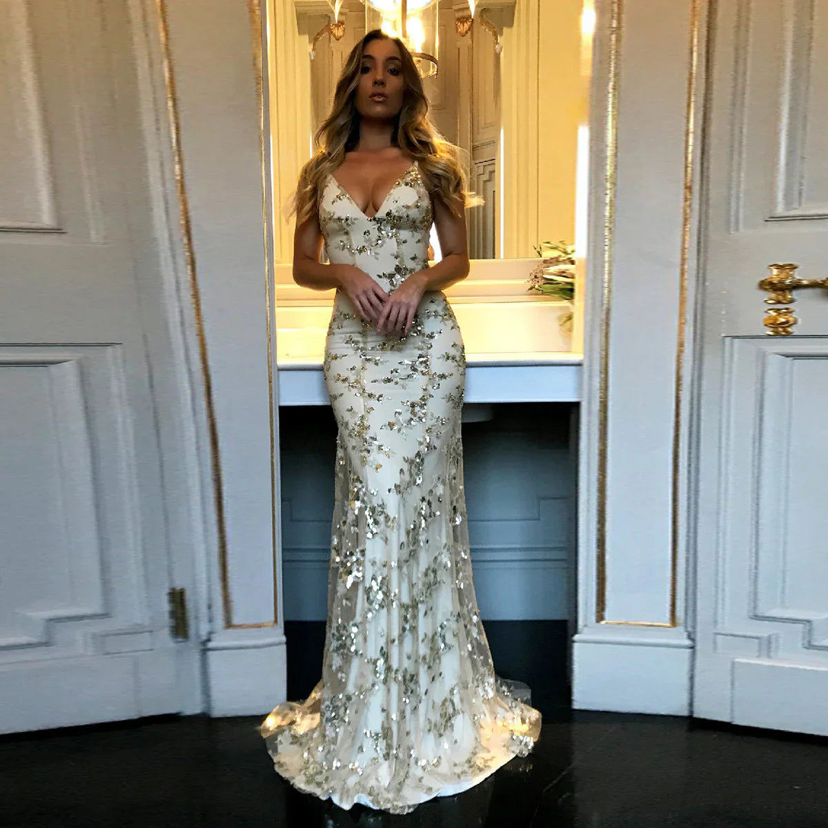 Xuewuba Dress Sexy Mermaid Gold Sequin Tulle Long Backless Prom Dress Lace Up Evening Dress