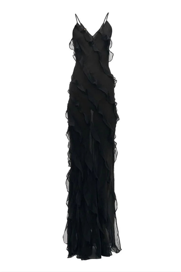 Xuewuba Dress Sexy Mermaid Spaghetti Straps Chiffon Black Backless Prom Dresses