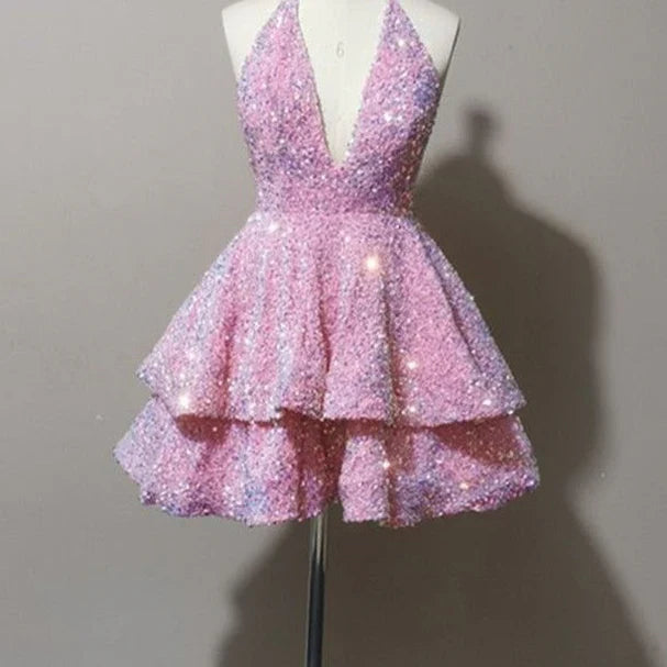 Xuewuba Dress Sexy Short Pink V-neck Sleeveless Sequined Homecoming Dress