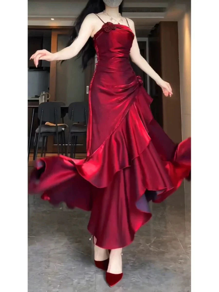 Xuewuba Dress Simple Mermaid Spaghetti Straps Burgundy Party Dress Long Prom Dresses