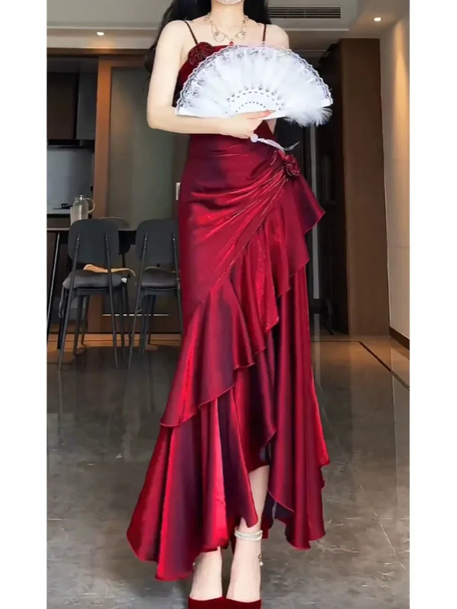 Xuewuba Dress Simple Mermaid Spaghetti Straps Burgundy Party Dress Long Prom Dresses