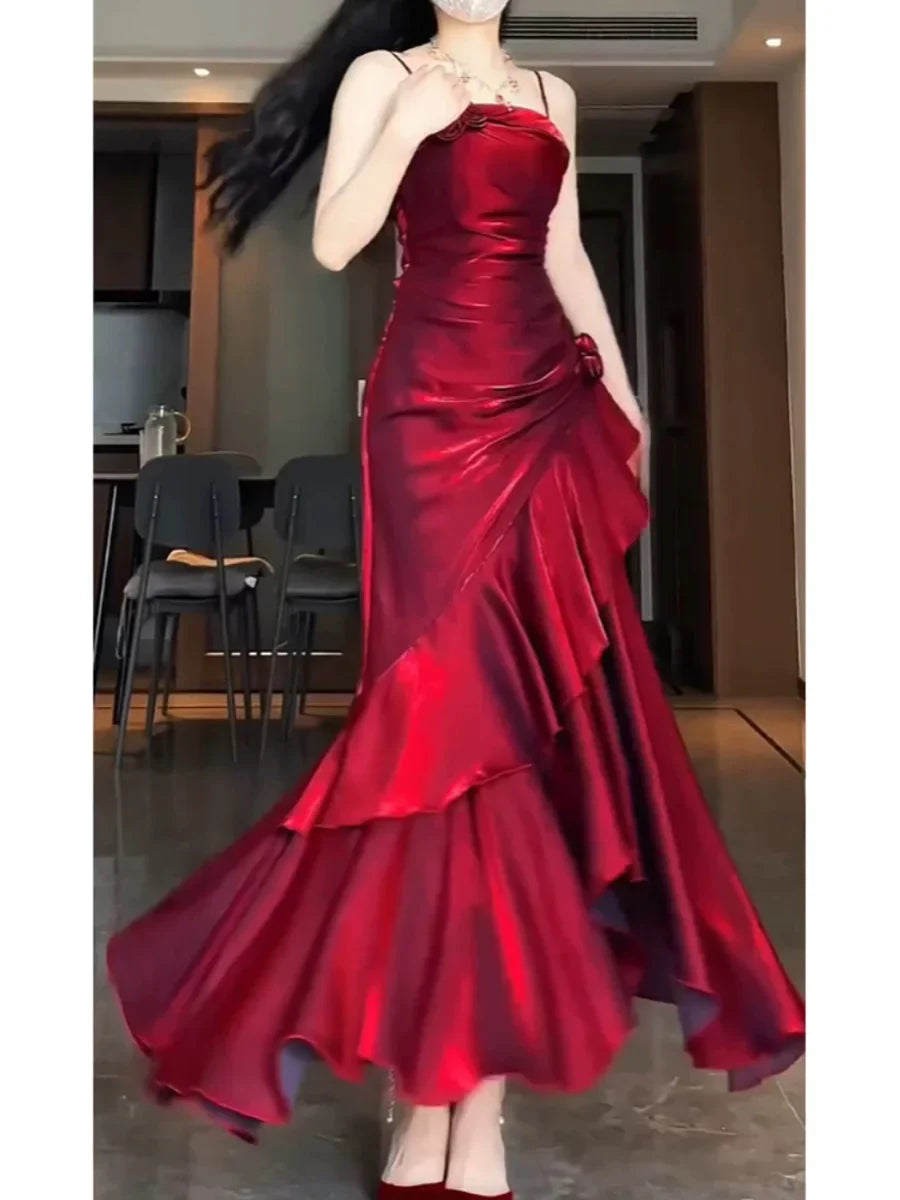 Xuewuba Dress Simple Mermaid Spaghetti Straps Burgundy Party Dress Long Prom Dresses