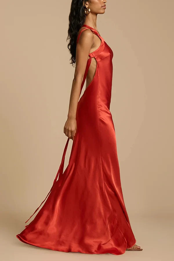 Xuewuba Dress Simple Satin Asymmetrical One Shoulder Backless Strap Floor Length Sleeveless Prom Dress