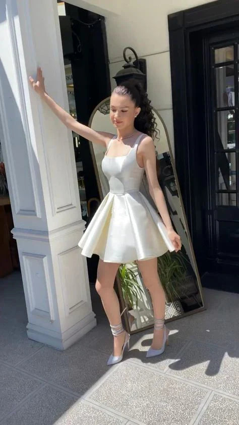 Xuewuba Dress Simple Sequare Neck White Short Prom Dress Elegant Homecoming Dress