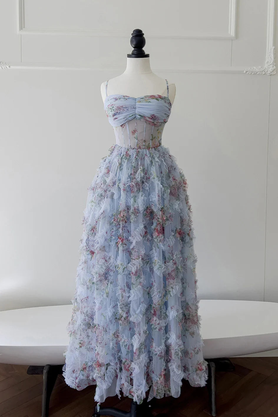 Xuewuba Dress Spaghetti Straps Blue Floral Print Ruched Long Dress Prom Dress