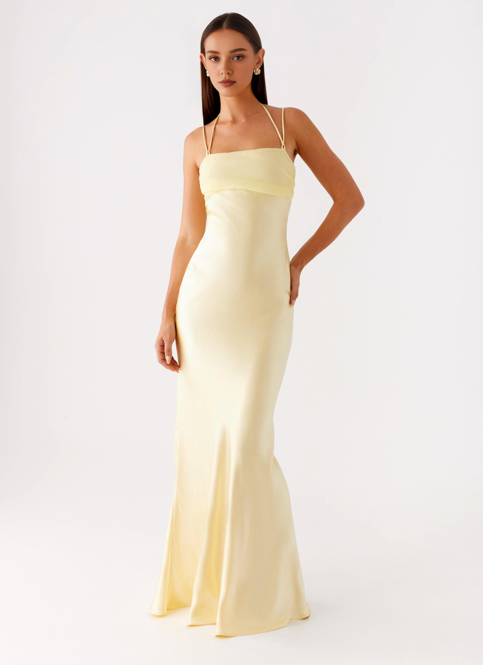 Xuewuba Dress Spaghetti Straps Maxi Dress Sleeveless Yellow Simple Sheath?Satin Prom Dress