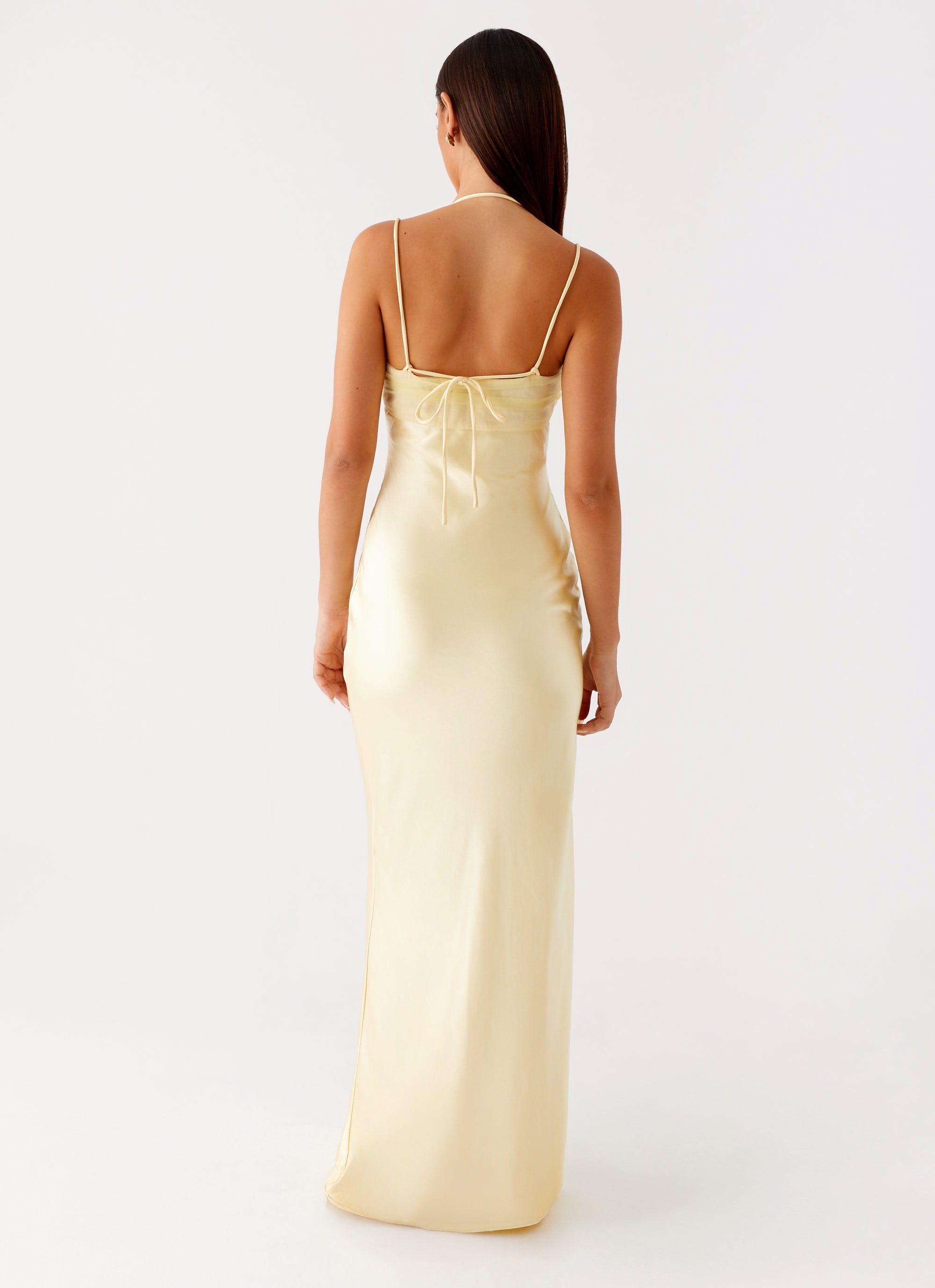 Xuewuba Dress Spaghetti Straps Maxi Dress Sleeveless Yellow Simple Sheath?Satin Prom Dress