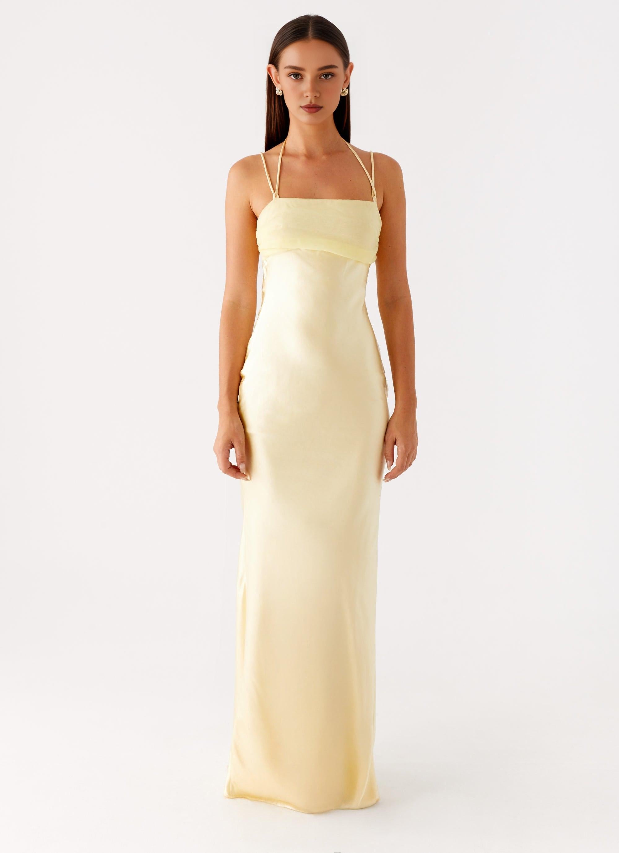 Xuewuba Dress Spaghetti Straps Maxi Dress Sleeveless Yellow Simple Sheath?Satin Prom Dress
