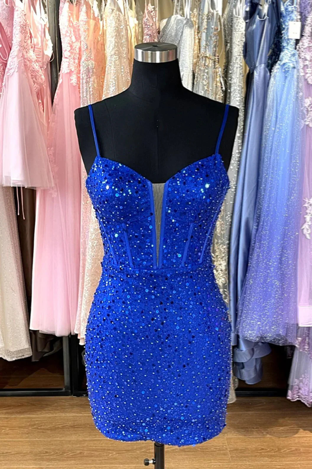 Xuewuba Dress Spaghetti Straps Royal Blue Sequin Tight Short Dress Homecoming Dress
