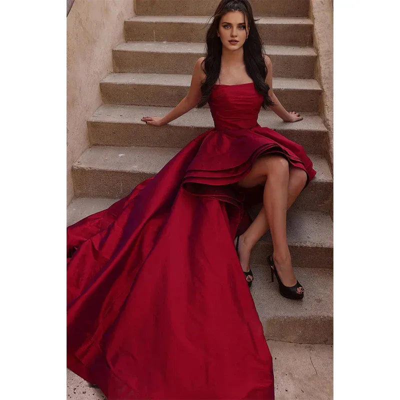 Strapless High Low Burgundy Sleeveless Short Prom Dress Party Dress
