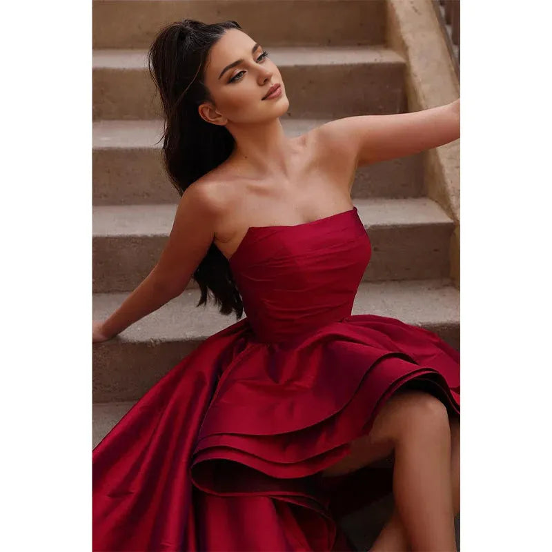 Strapless High Low Burgundy Sleeveless Short Prom Dress Party Dress