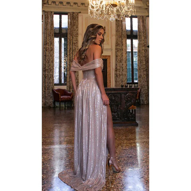 Strapless High Split Pleats Sparkly Prom Dress Long Formal Evening Gown Party Dress