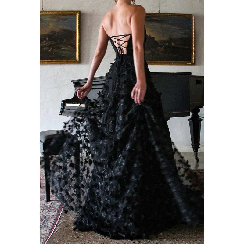 Strapless Lace-Up Appliqued Tulle A-Line Long Prom Gown With Slit Black Party Dress