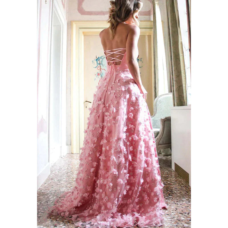 Strapless Lace-Up Appliqued Tulle A-Line Long Prom Gown With Slit Pink Party Dress