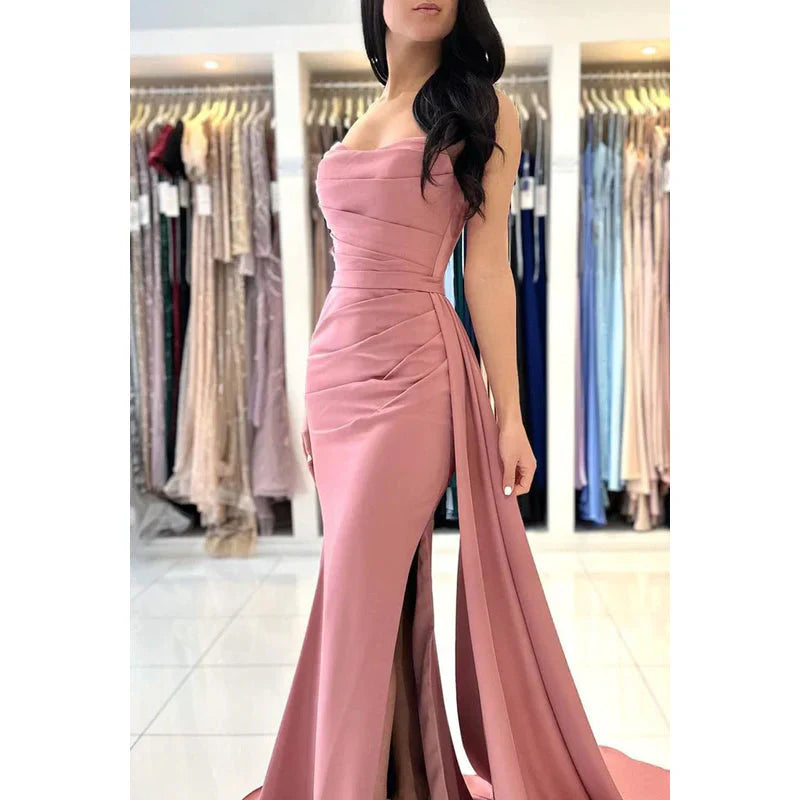 Strapless Ruched Satin Sheath Long Prom Evening Gown With Slit Party Dress