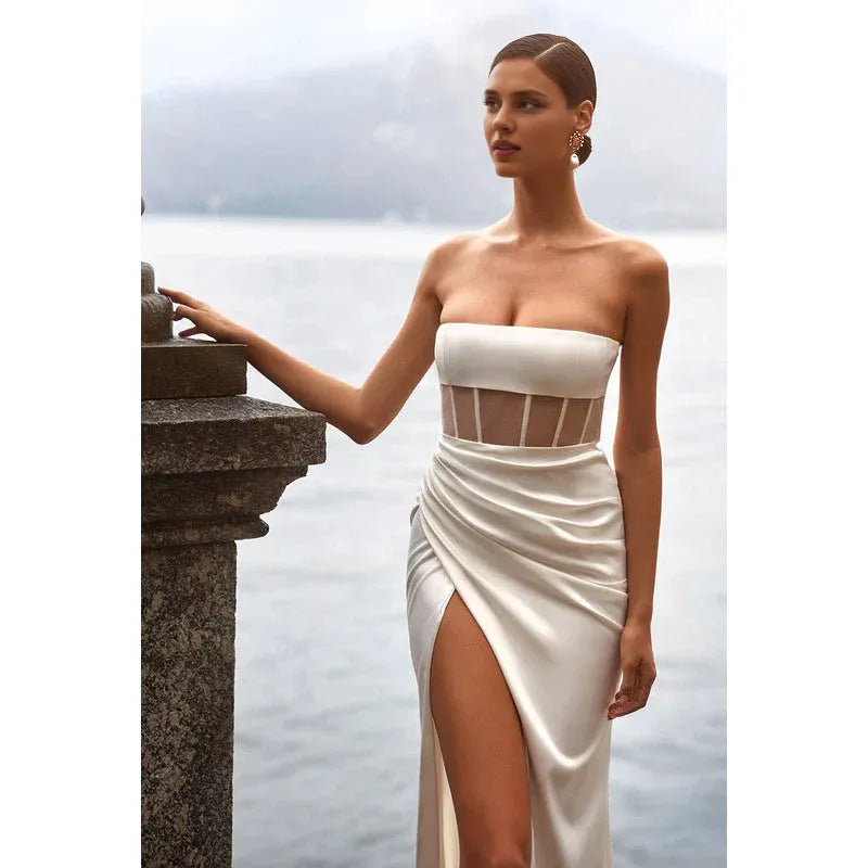 Strapless Sheer Ruched Satin Sheath Long Prom Formal Gown With Slit Party Dress