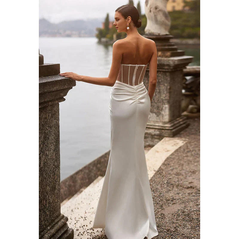 Strapless Sheer Ruched Satin Sheath Long Prom Formal Gown With Slit Party Dress