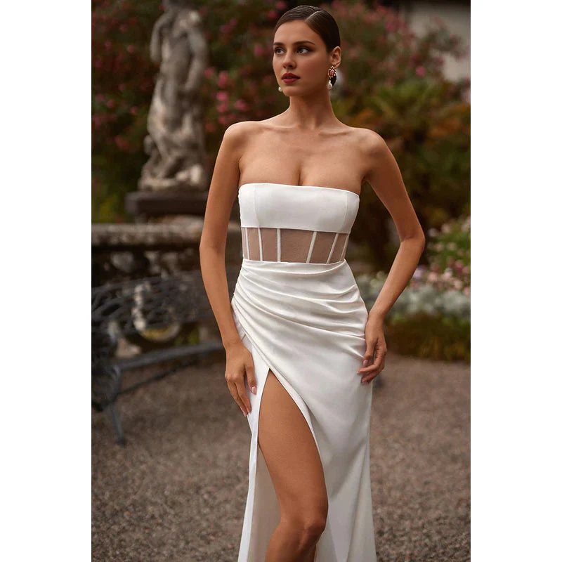 Strapless Sheer Ruched Satin Sheath Long Prom Formal Gown With Slit Party Dress