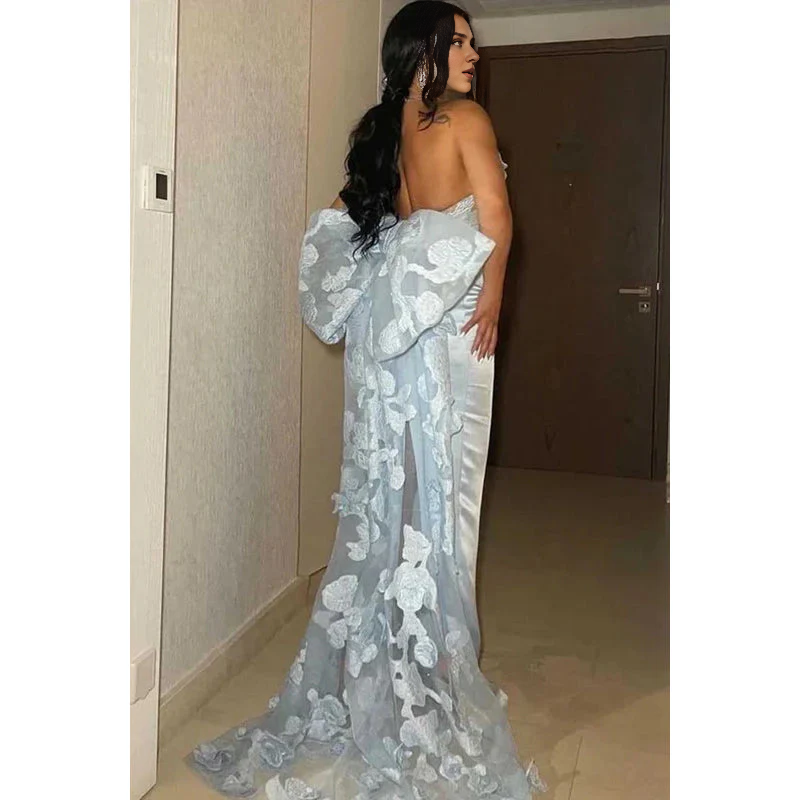 Strapless Tulle Bow Sheath Long Prom Gown Sleeveless With Sweep Train Party Dress