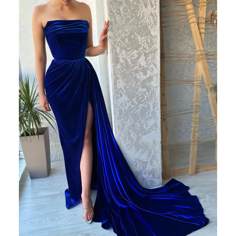 Strapless Velvet Royal Blue Pleats Split Long Prom Dress with Train Party Dress Sleeveless With Slit