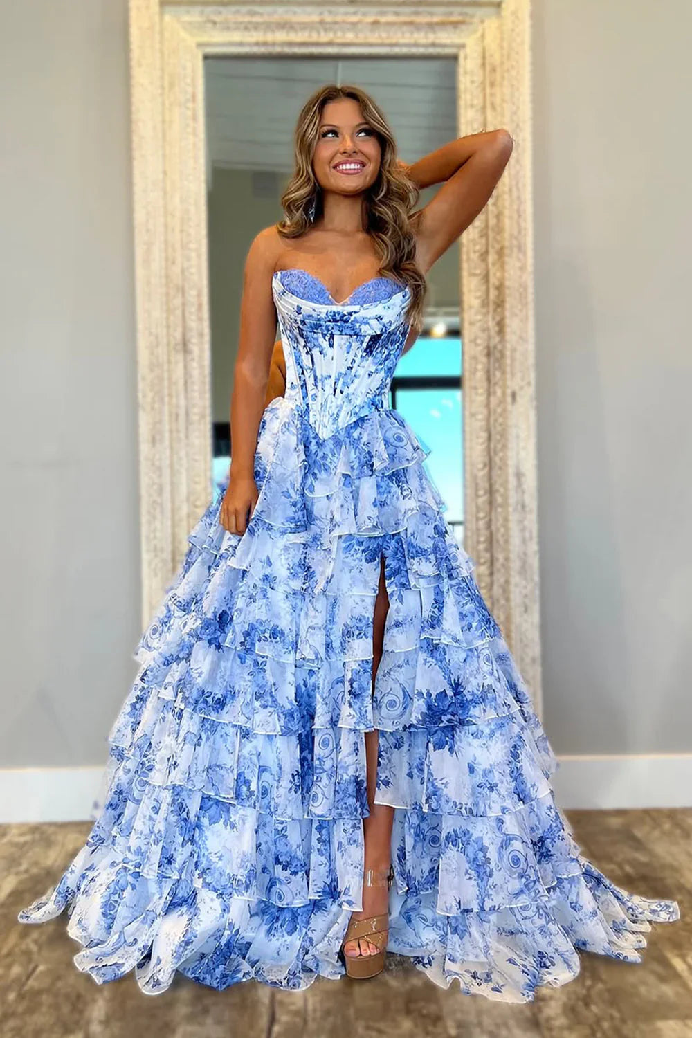 Xuewuba Dress Stunning Pink A-Line Sweetheart Long Print Tiered Prom Dress with Leg Slit Evening Dress