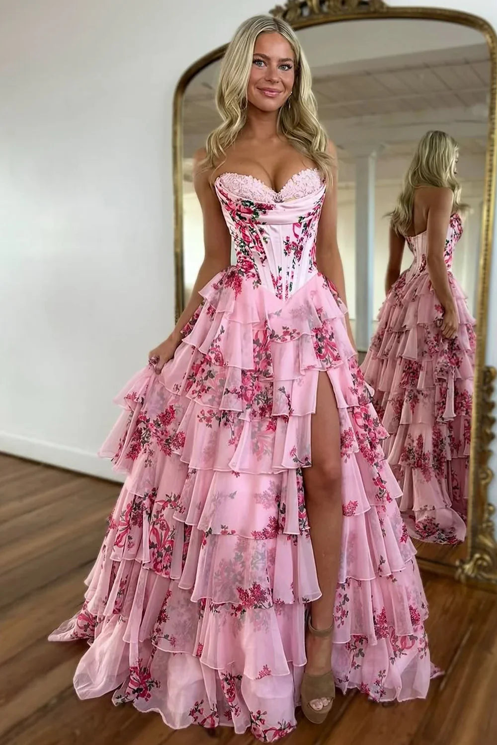 Xuewuba Dress Stunning Pink A-Line Sweetheart Long Print Tiered Prom Dress with Leg Slit Evening Dress