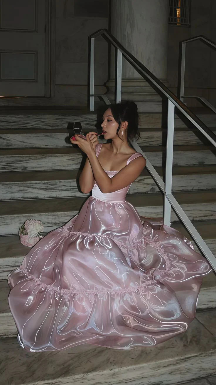 Xuewuba Dress Stylish A Line Spaghetti Straps Pink Long Prom Dress with Lace Evening Dress
