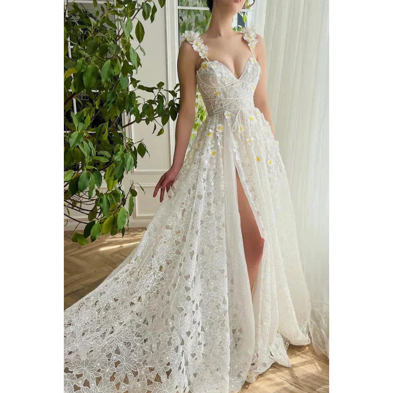 Sweetheart Appliqued Sheer Lace A-Line Long Prom Evening Party Dress Sleeveless With Slit