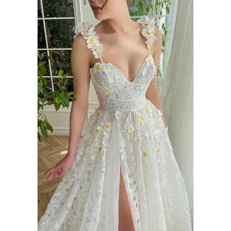 Sweetheart Appliqued Sheer Lace A-Line Long Prom Evening Party Dress Sleeveless With Slit