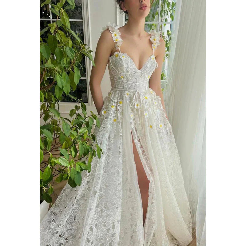 Sweetheart Appliqued Sheer Lace A-Line Long Prom Evening Party Dress Sleeveless With Slit