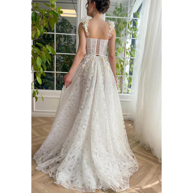 Sweetheart Appliqued Sheer Lace A-Line Long Prom Evening Party Dress Sleeveless With Slit