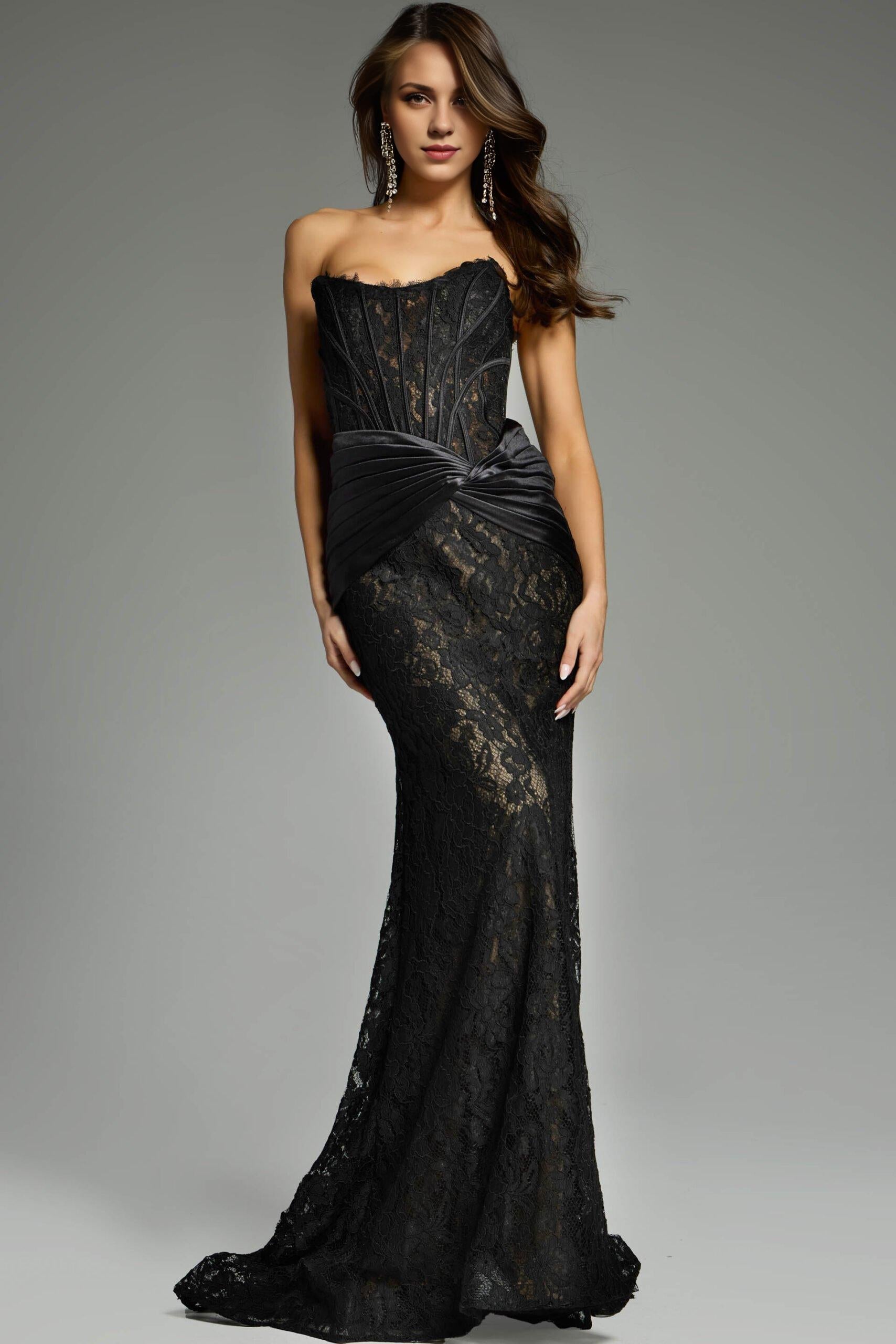 Xuewuba Dress Simple Strapless Black?Lace Gown with Draped Satin Waist Prom Dress Formal Wear Dresses