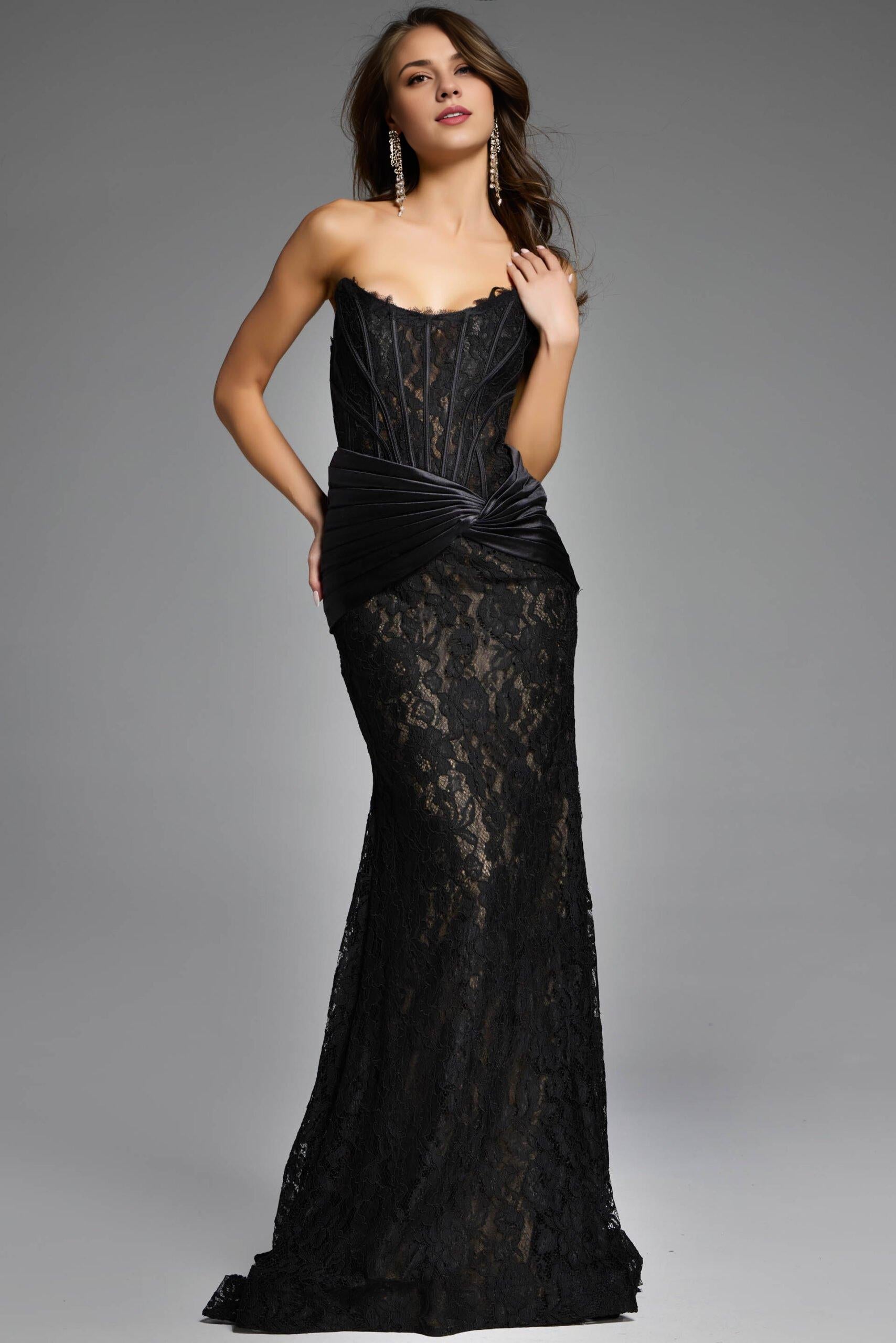 Xuewuba Dress Simple Strapless Black?Lace Gown with Draped Satin Waist Prom Dress Formal Wear Dresses