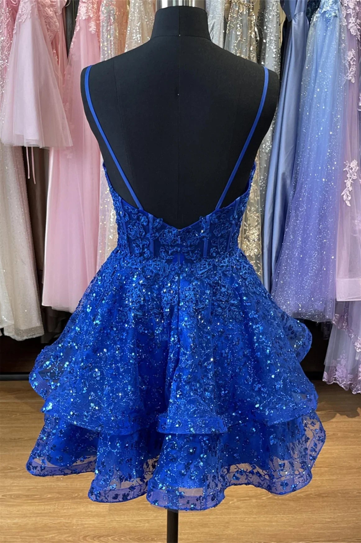 Xuewuba Dress Spaghetti Straps Royal Blue Ruffles A-line Homecoming Dress