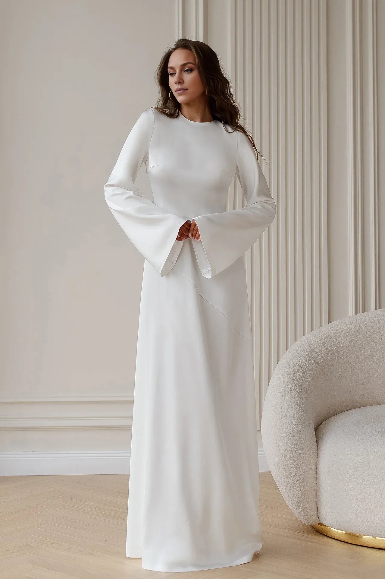 White Satin Backless Maxi Dress Party Dress Elegant Long Sleeves Prom Dress