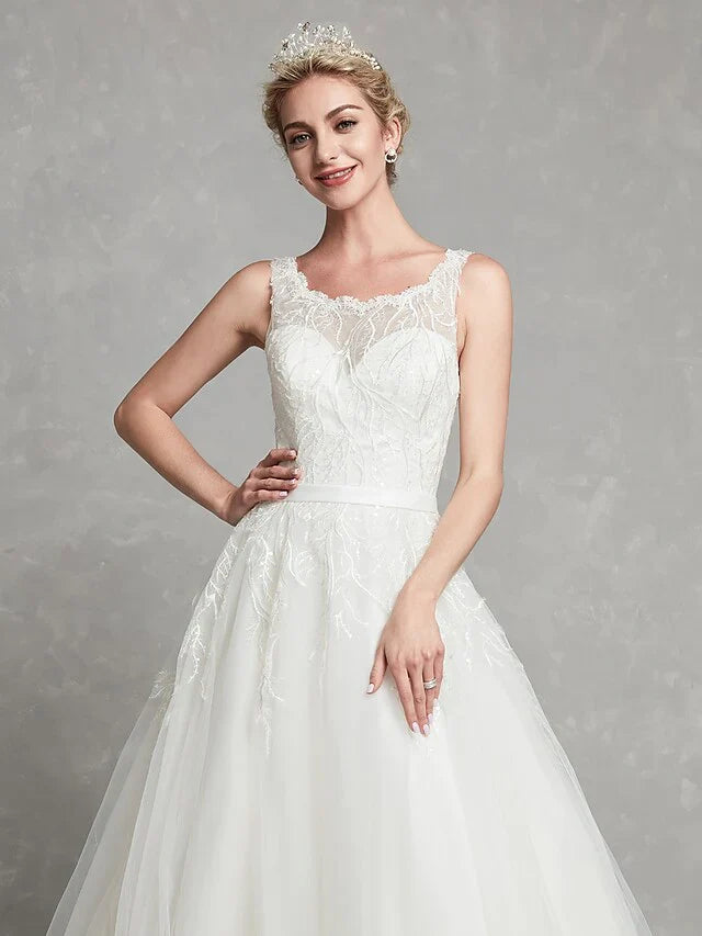 A-Line Wedding Dresses Scoop Neck Chapel Train Lace Tulle Regular Straps Formal Illusion Detail with Lace Sash Ribbon