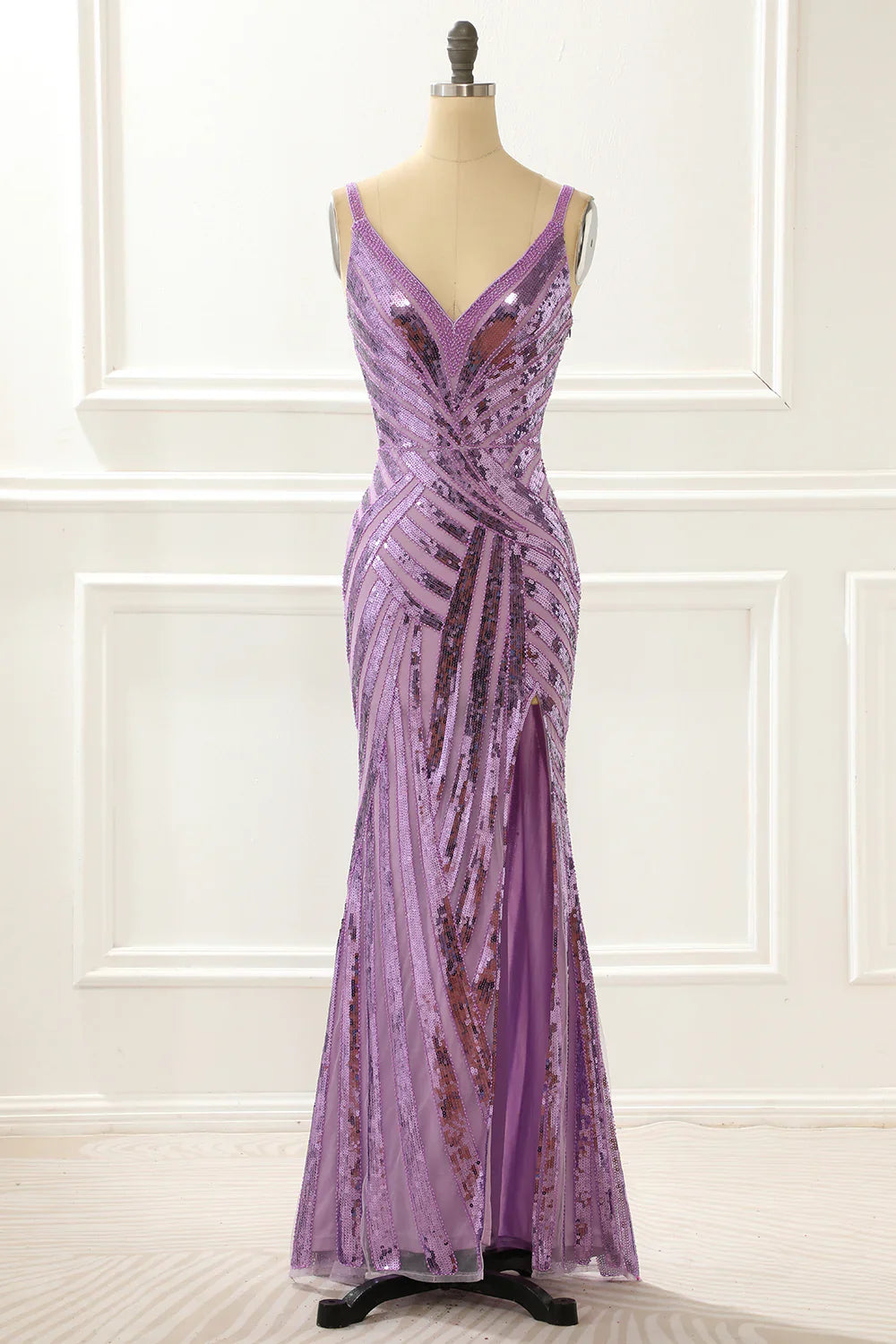 V-Neck Sparkly Purple  Prom Dress With Slit