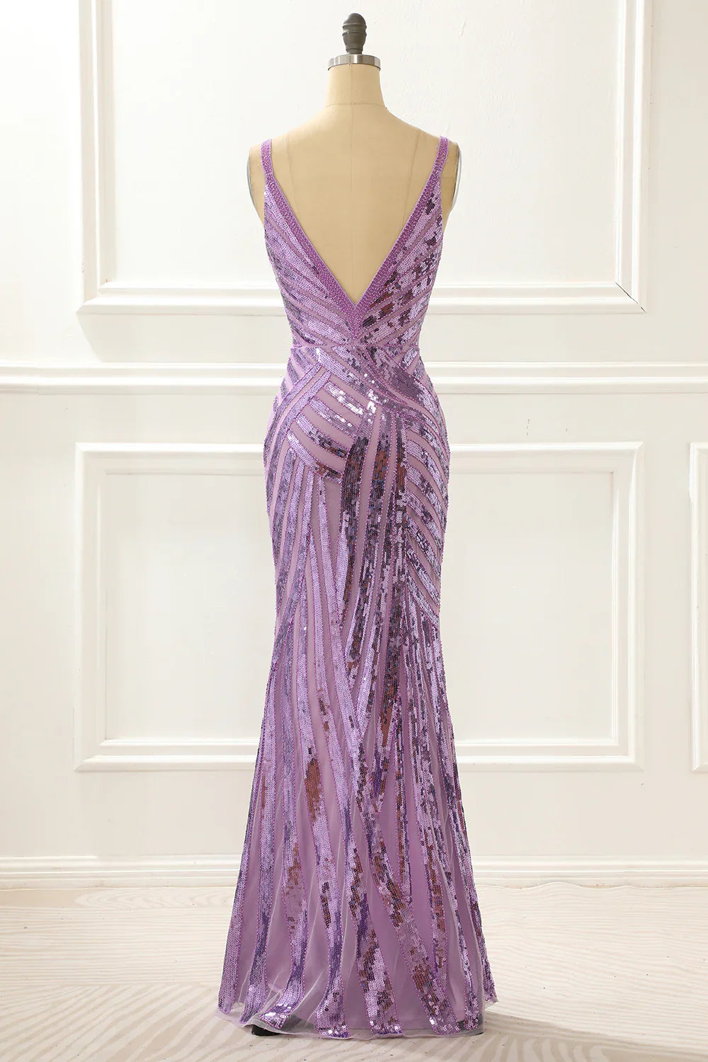 V-Neck Sparkly Purple  Prom Dress With Slit